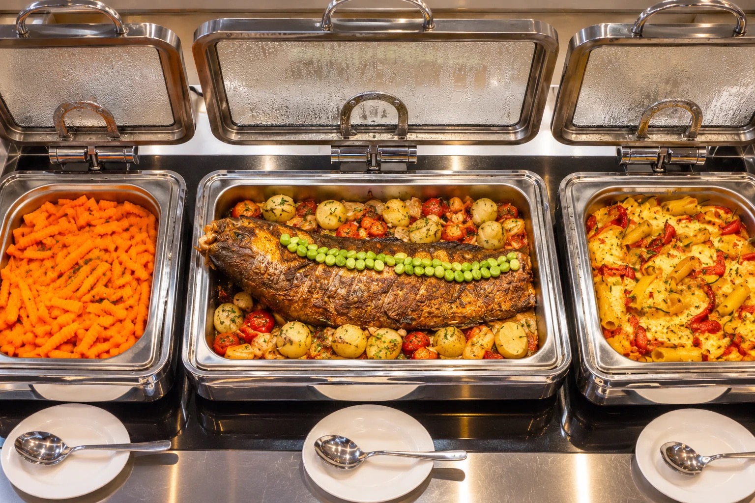 Poisson entier rôti et pâtes gratinées au buffet du Méditerranéen